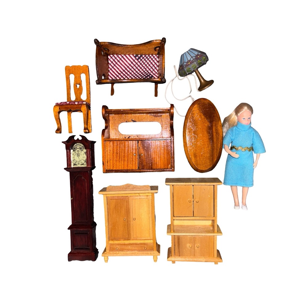 Vintage Wooden Dollhouse Furniture Lot Grandfather Clock Cabinets Lamp Doll